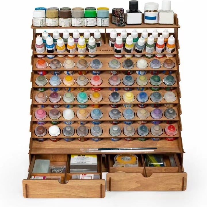 Wooden Paint Organizer for 74 Bottles of Paints and 14 Paint Brushes