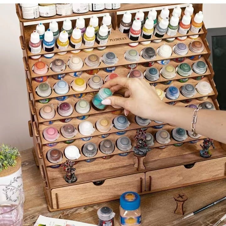 Wooden Paint Organizer for 74 Bottles of Paints and 14 Paint Brushes