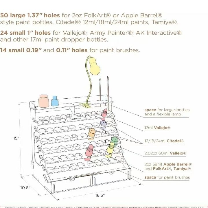 Wooden Paint Organizer for 74 Bottles of Paints and 14 Paint Brushes
