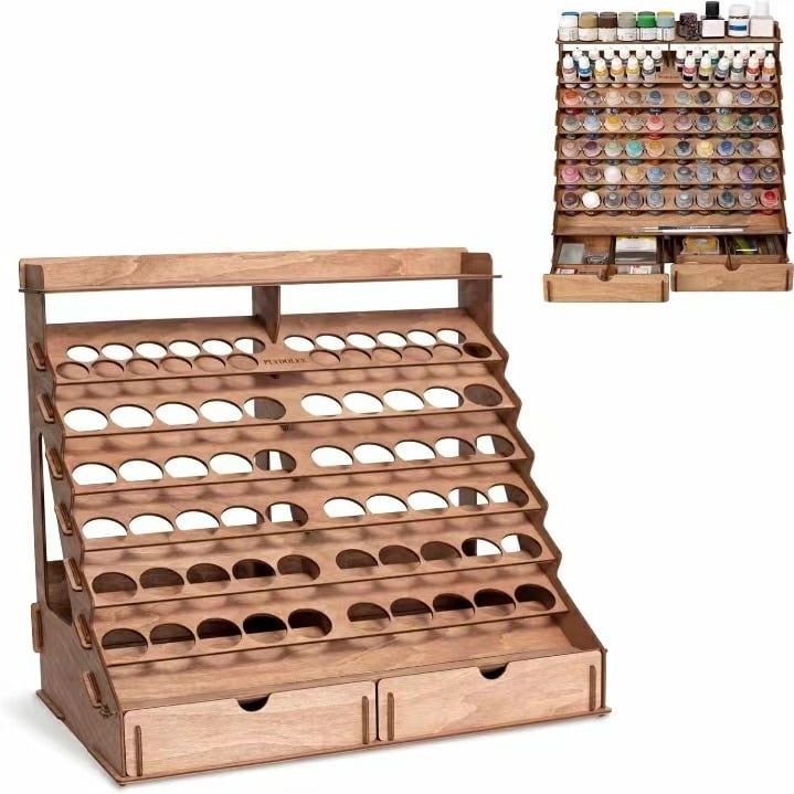 Wooden Paint Organizer for 74 Bottles of Paints and 14 Paint Brushes