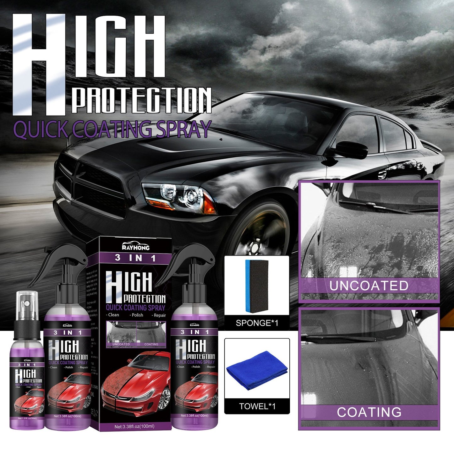 3 in 1 High Protection Quick Car Ceramic Coating Spray - Car Wax Polish Spray